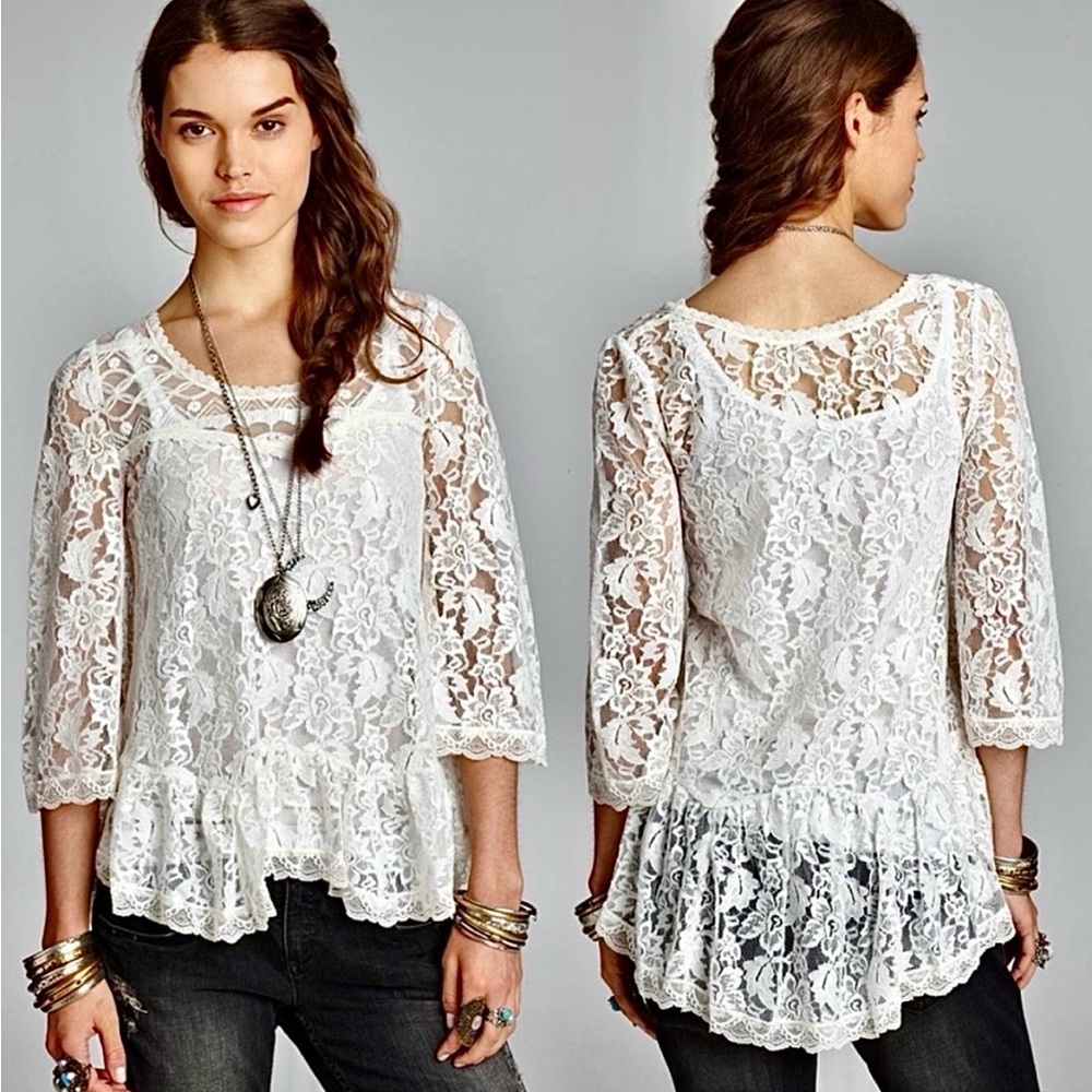 🌺🎉HP🎉🌺 NWOT Free People Gorgeous Floral Lace Peasant Top - Picture 8 of 14